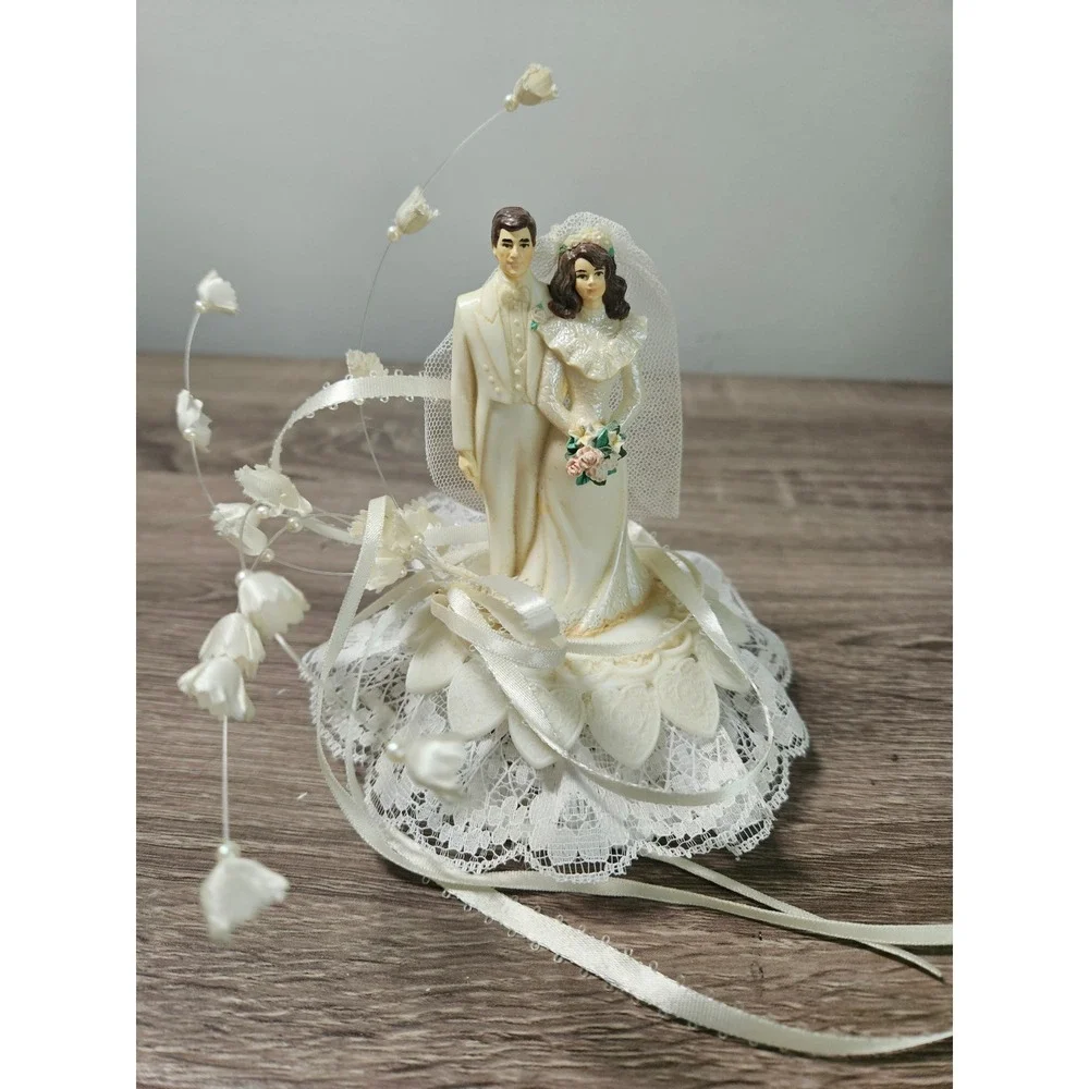 Vintage Wedding Cake Topper Lot 4pc Wilton Bride Groom Retro Lace Floral 1993